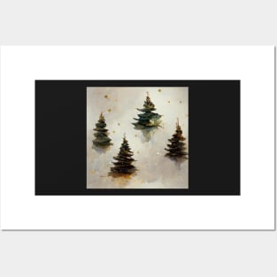 Watercolor Winter Christmas Trees, Gold and Green Posters and Art